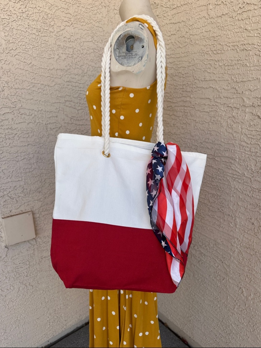 Canvas Colorblock Tote Bag with Rope Handles - White & Red